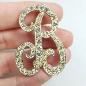 Vintage B Monogram Initial Letter Rhinestone Brooch, Silver Tone Lapel Pin